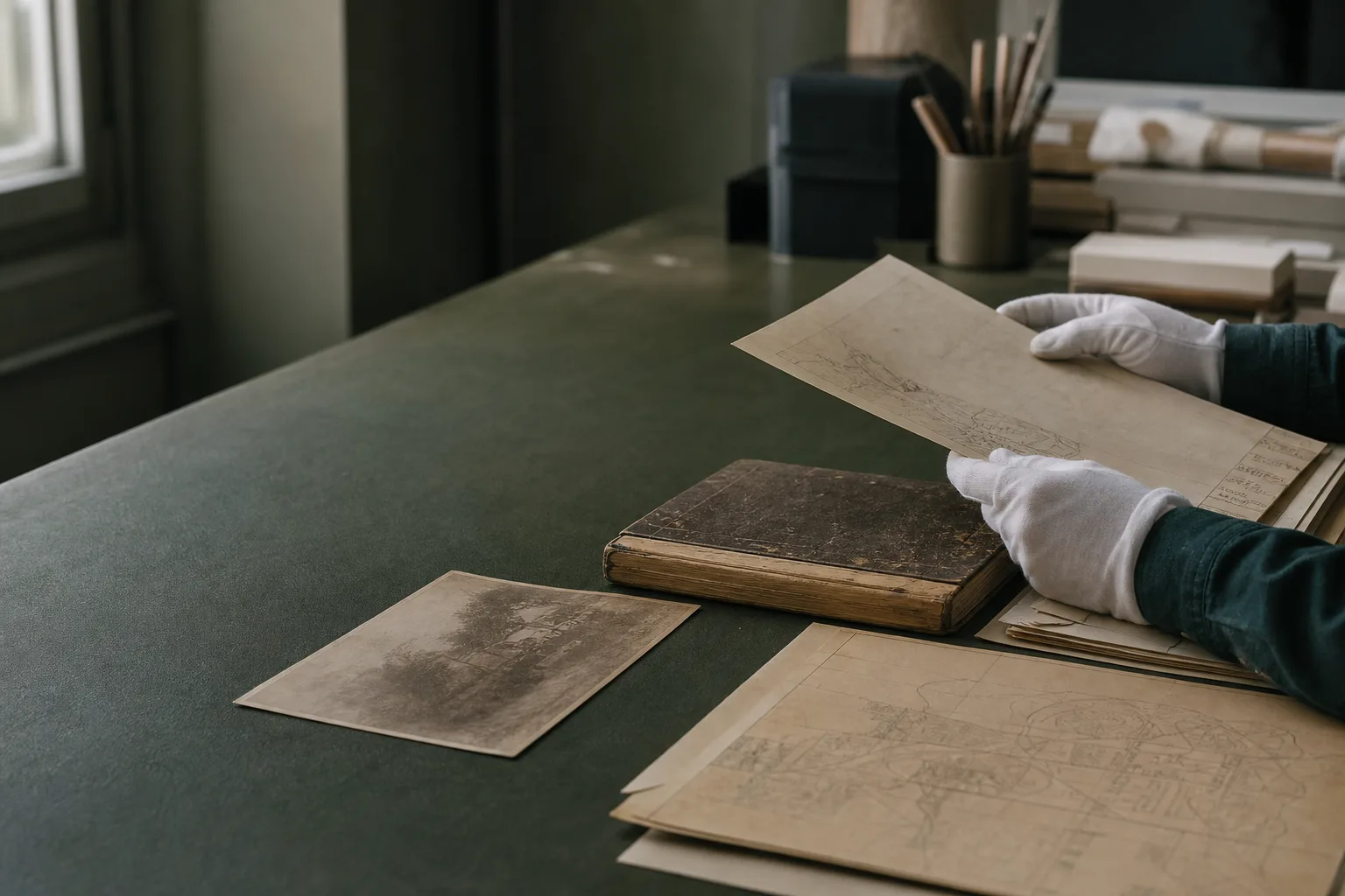 Imagem ilustrativa de demonstração: profissional consultando documentos em mesa de conservação
